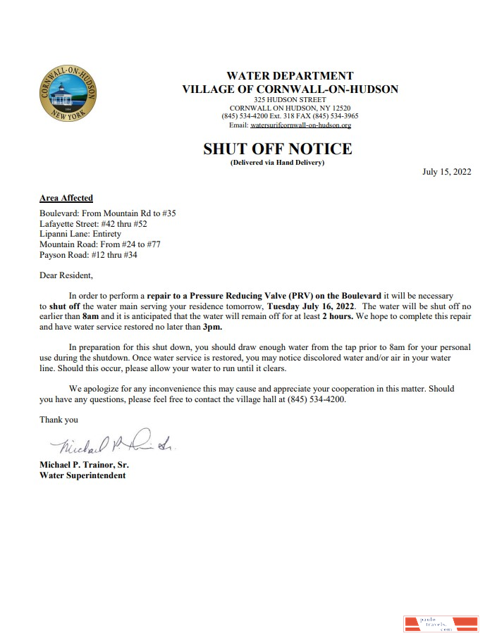 USA New York Cornwall on Hudson water utility bill shutoff notice, Word and PDF template